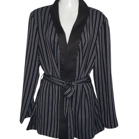 Zara Dark Navy White Striped Women's Relaxed Smoking Jacket Blazer Large - Picture 1 of 15